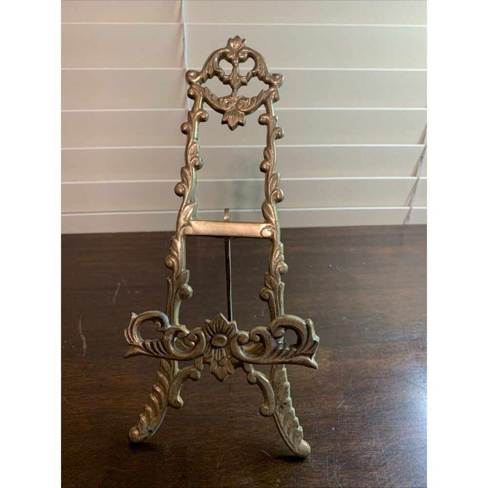 Vintage Large Ornate Brass Easel Stand Plate Photo Holder 10” Tall